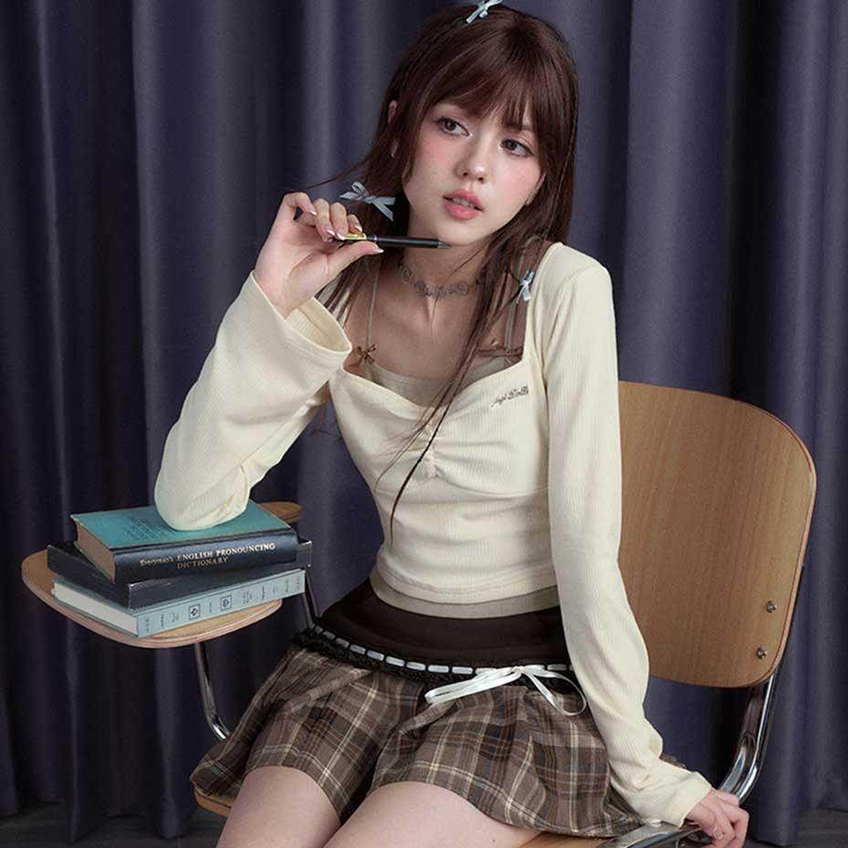 SagiDolls少女斗志#杏仁奶#纯甜美欲假两件修身长袖上衣T恤百搭秋,女装/女士精品,T恤,淘宝优惠券,粉丝福利购,淘宝优惠卷