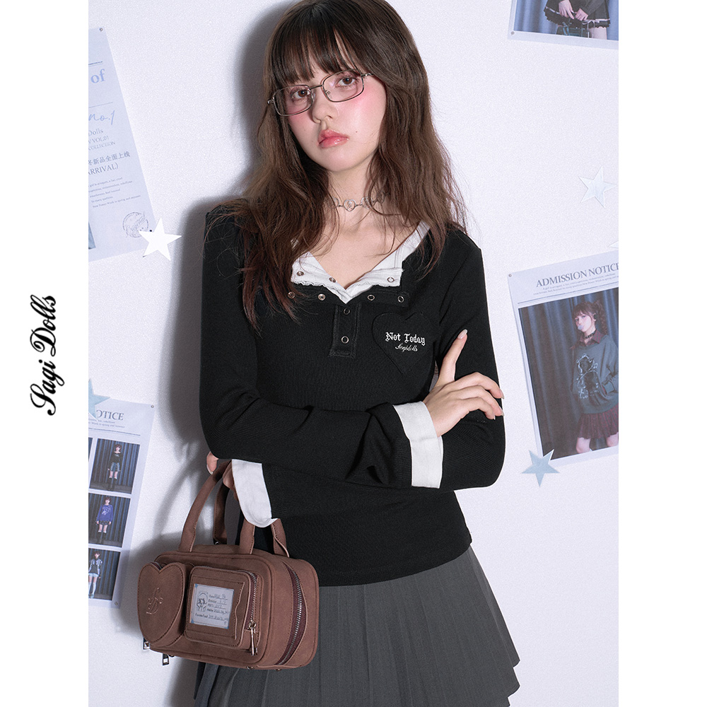 SagiDolls少女斗志 黑白美式辣妹假两件v领长袖T恤修身显瘦上衣春