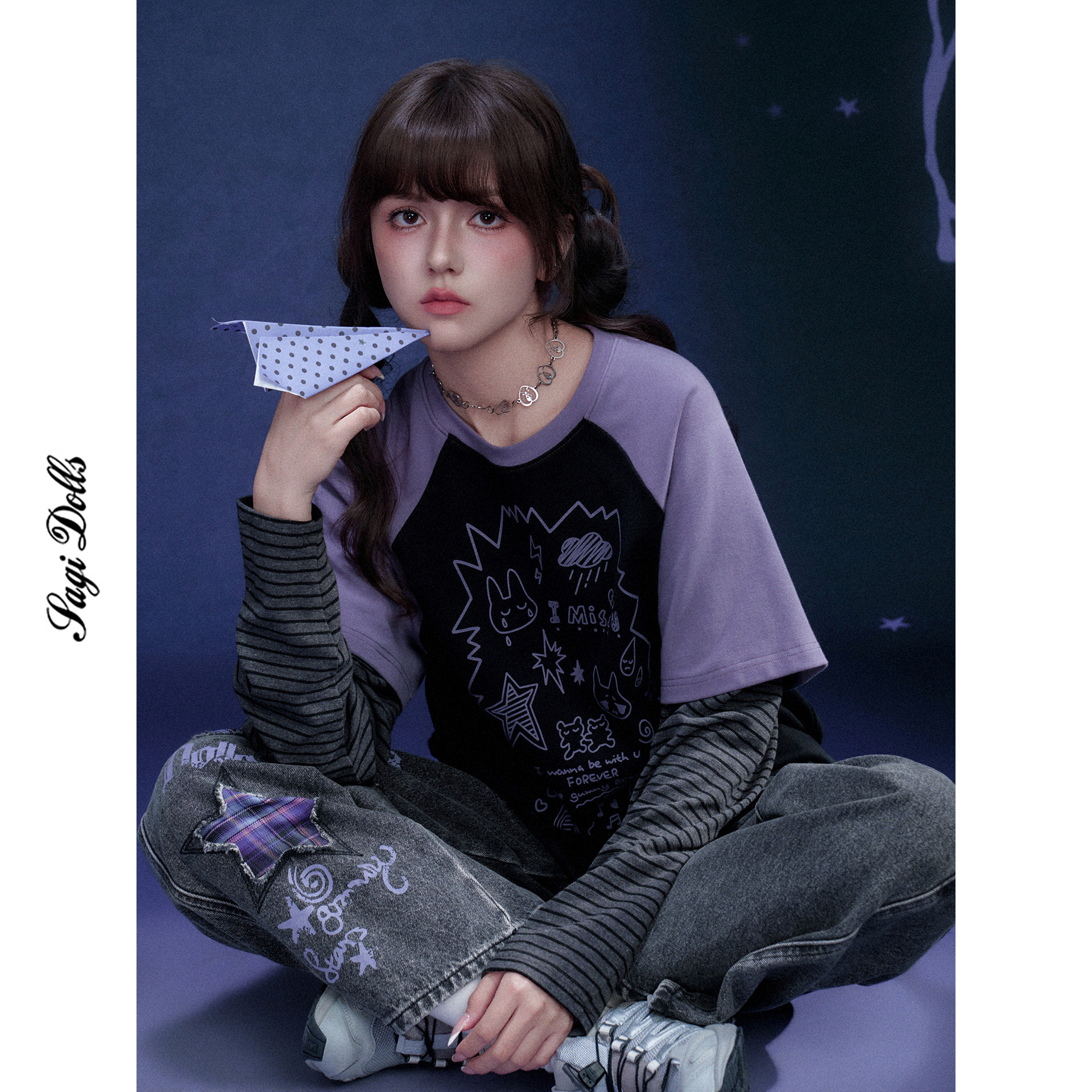 SagiDolls少女斗志俏皮可爱甜酷黑紫涂鸦印花假两件T恤宽松显瘦春,女装/女士精品,T恤,淘宝优惠券,粉丝福利购,淘宝优惠卷