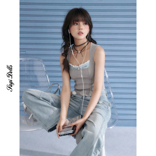 少女斗志灰蓝方领收腰假两件背心