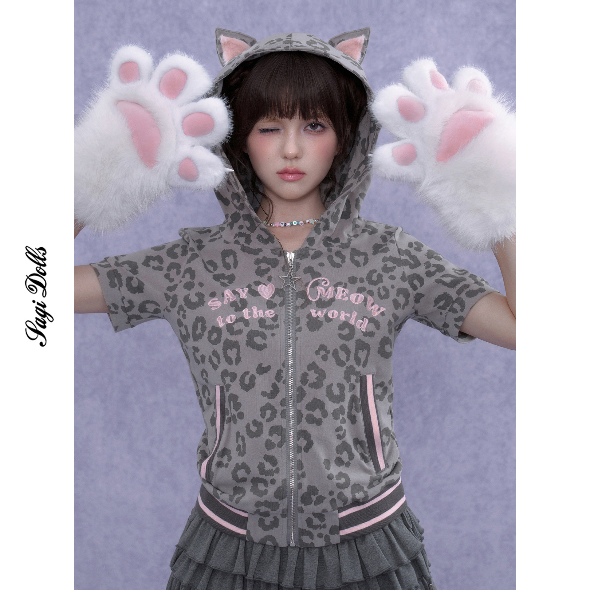 SagiDolls少女斗志#粉色小豹猫#又野又软豹纹猫耳T恤外套甜酷辣妹