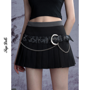 SagiDolls少女斗志 甜酷辣妹黑色双腰百褶裙涂鸦腰带链条街头百搭