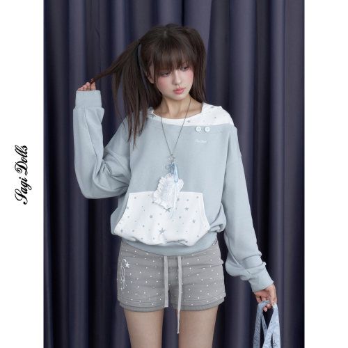 SagiDolls少女斗志 蓝白星星假两件带帽卫衣宽松显瘦wishcore秋新