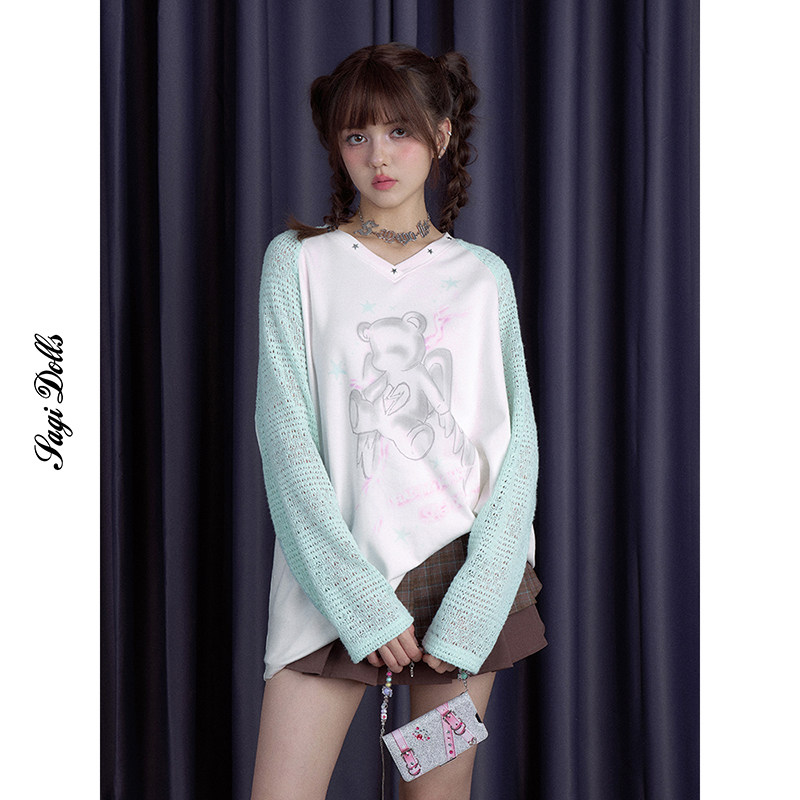 SagiDolls少女斗志 甜酷薄荷绿天使小熊印花宽松上衣插肩袖V领T恤图片