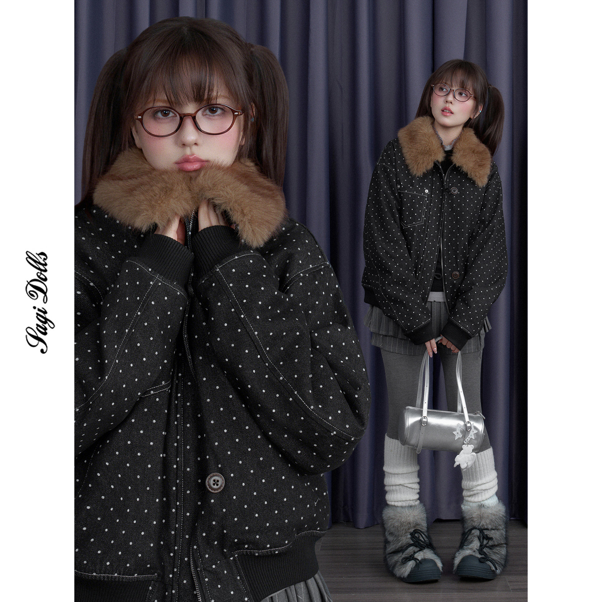 SagiDolls少女斗志可拆卸毛领!黑色波点加绒外套加厚保暖夹克显瘦,女装/女士精品,棉衣/棉服,淘宝优惠券,粉丝福利购,淘宝优惠卷