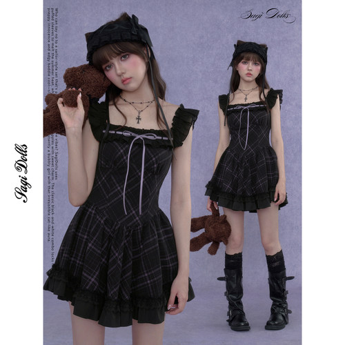 SagiDolls少女斗志 纯欲doll感黑紫格宽肩带小飞袖连衣裙俏皮显瘦