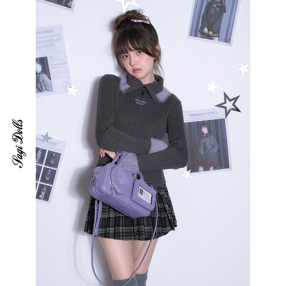 SagiDolls少女斗志 温柔浪漫纯欲灰紫拼接毛领针织衫修身显瘦甜美,女装/女士精品,毛针织衫,淘宝优惠券,粉丝福利购,淘宝优惠卷