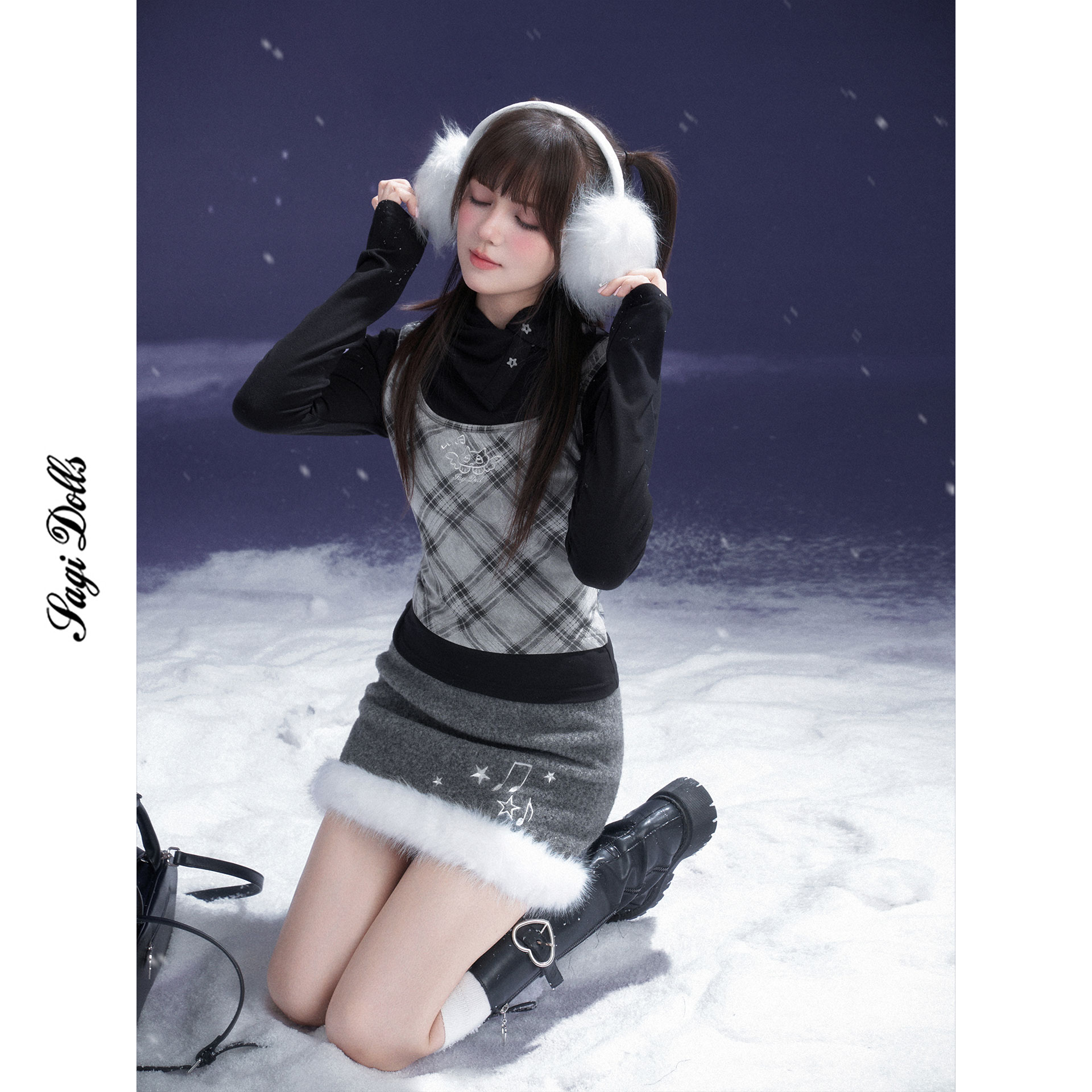 SagiDolls少女斗志高级感温柔复古黑白格小香风高领假两件T恤上衣