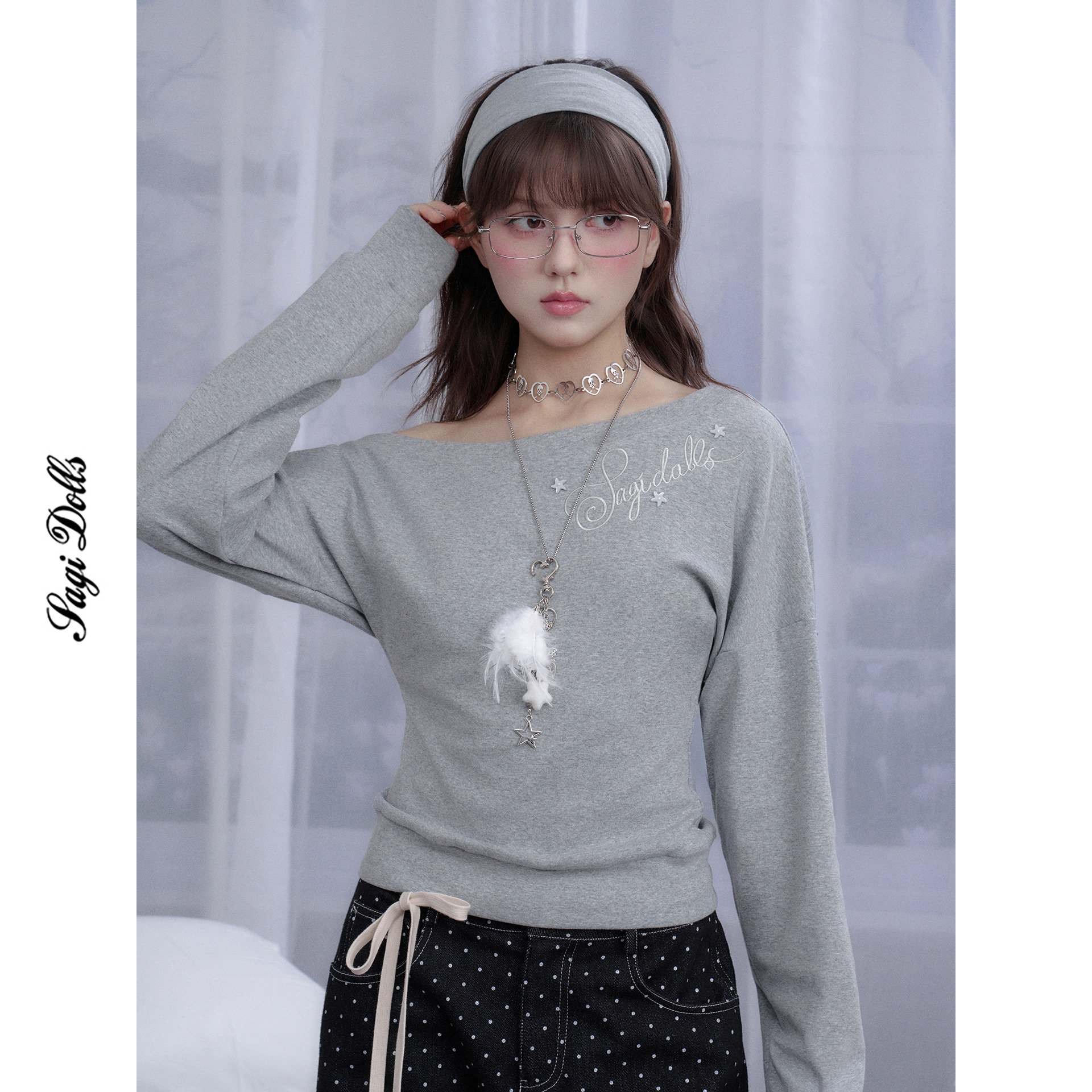 SagiDolls少女斗志显腰显瘦~大胸友好!灰色斜肩T恤上衣时髦百搭秋