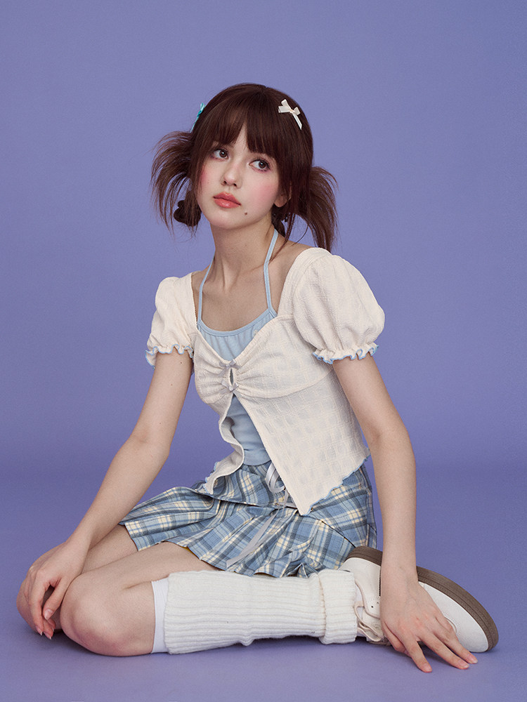 SagiDolls少女斗志 #海盐泡芙#蓝白挂脖假两件泡泡袖上衣百搭甜美