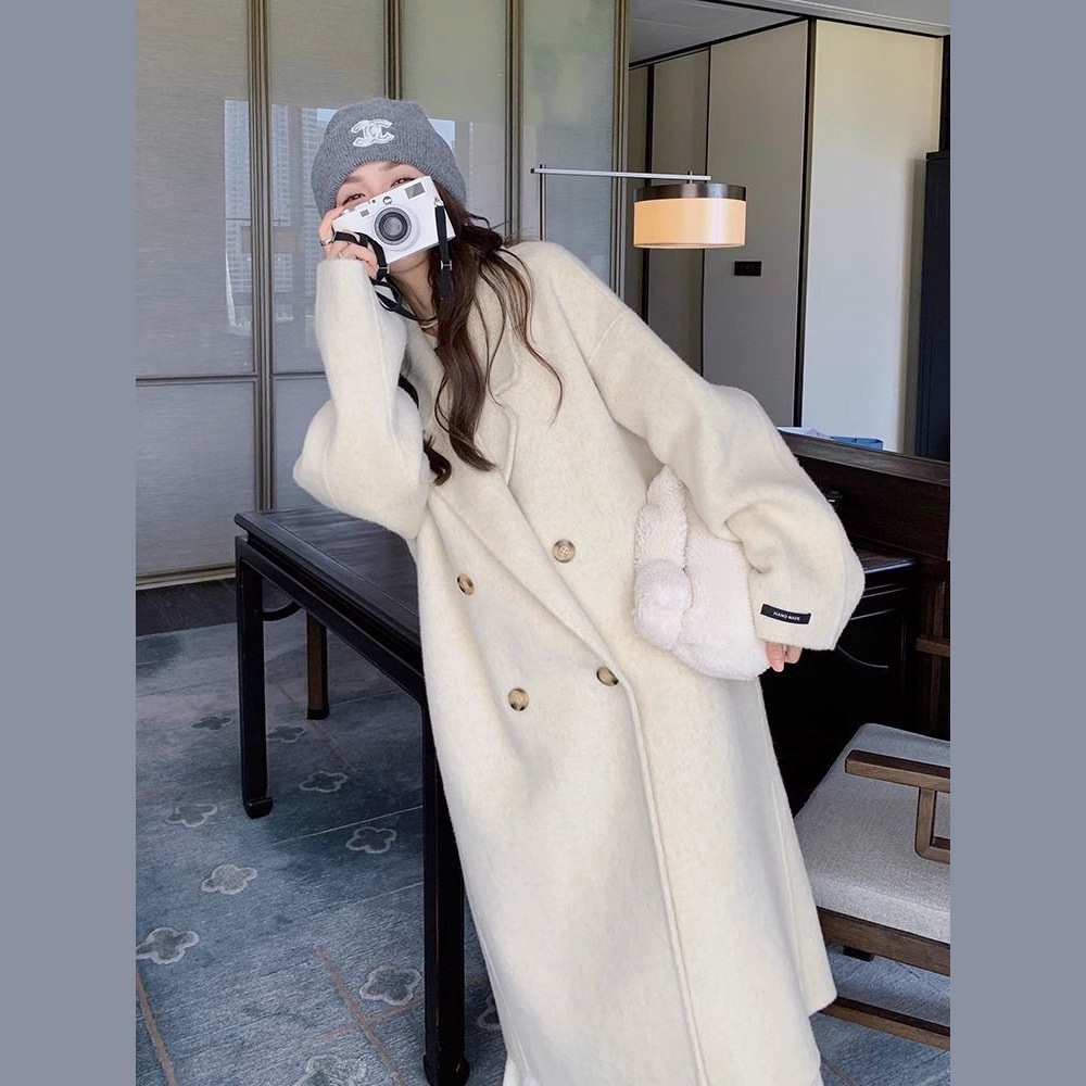 燕麦色双面绒呢大衣女秋冬2025年新款韩系爆款过膝毛呢外套粉色