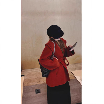 骆驼绒大衣红色战袍韩系连帽羊绒高级感小个子双面羊毛毛呢外套