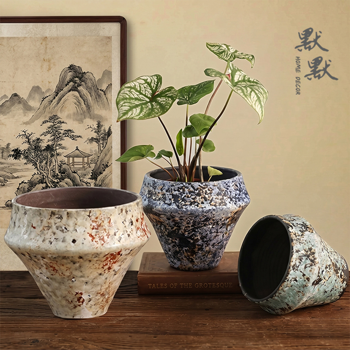 大口径多肉花盆陶瓷室内绿植盆栽复古透气陶瓷花盆小号桌面摆件图片
