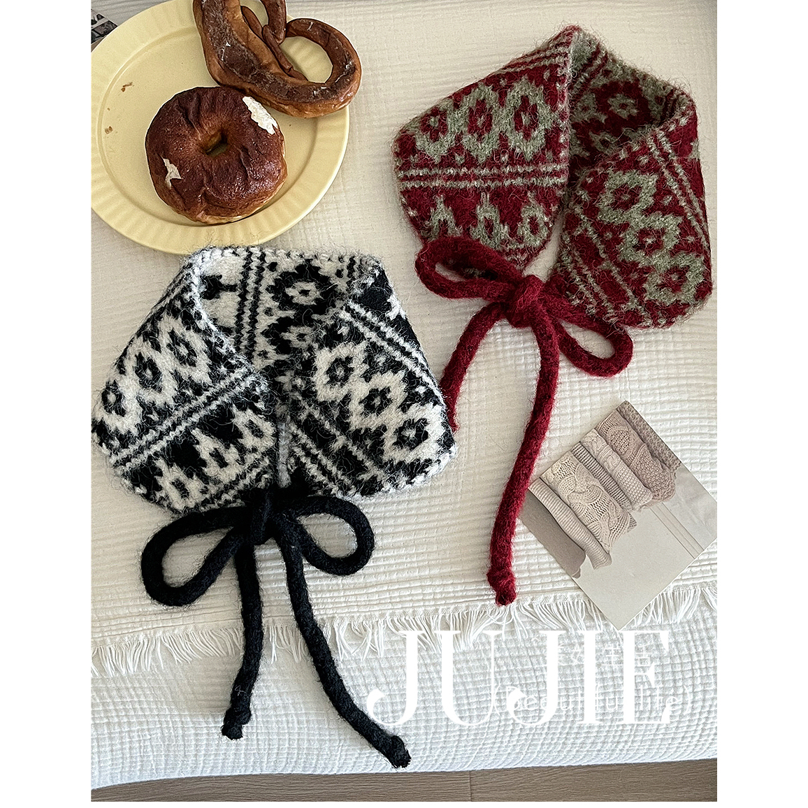 秋冬复古花纹绑带围脖毛线针织围巾发带女韩系氛围感百搭保暖学生