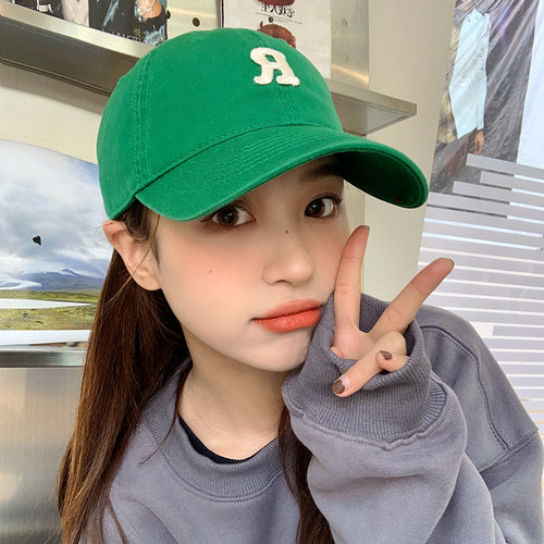 绿色大R标棒球帽女纯色大头围显脸小百搭情侣运动帽子男ins鸭舌帽