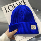 日系针织帽笑脸标毛线帽子女秋冬季 可爱潮流百搭护耳黑色保暖男