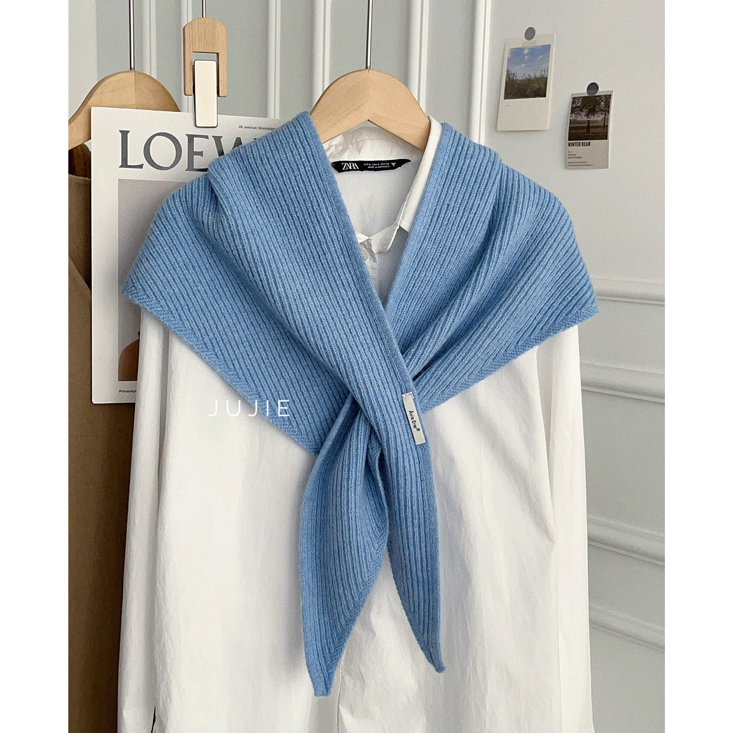 蓝色经典交叉三角巾披肩百搭空调间保暖护肩颈懒人穿洞领巾小围巾