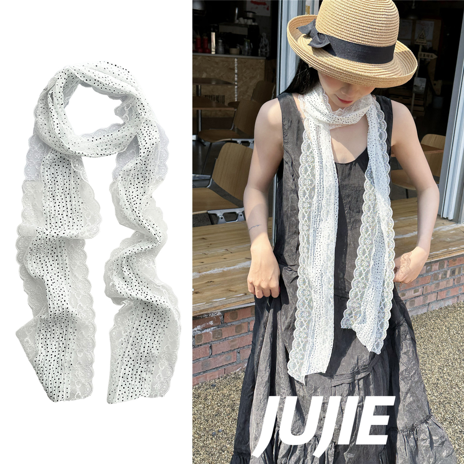 波点蕾丝边网纱丝巾长条法式气质围巾春夏高级感百搭围脖氛围感女,服饰配件/皮带/帽子/围巾,围巾/丝巾/披肩,淘宝优惠券,粉丝福利购,淘宝优惠卷