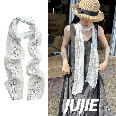 波点蕾丝边网纱丝巾长条法式气质围巾春夏高级感百搭围脖氛围感女