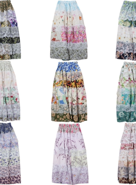 古着vintage森系复古拼布裙重工甜美松紧腰碎花蕾丝拼接半身裙N14