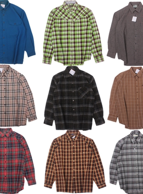 vintage古着日系衬衣复古宽松经典格子长袖衬衫男女T31