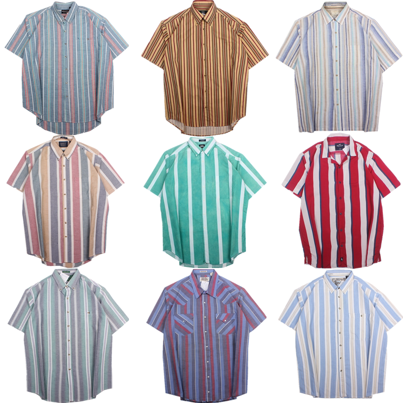 古着vintage美式潮流复古彩色条纹宽松短袖衬衫夏季男女T65