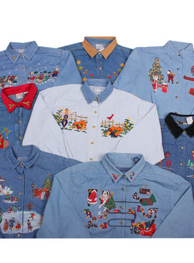 vintage古着美式阿美咔叽水洗做旧刺绣牛仔BF风长袖衬衫男女T75