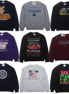 vintage古着美式街头嘻哈宽松棉衣重磅无缝桶织套头卫衣男女C6