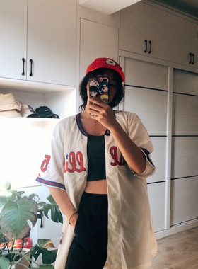 vintage古着原宿街头数字BF嘻哈风格宽松球衣棒球开衫短袖男女