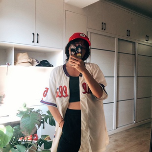 vintage古着原宿街头数字BF嘻哈风格宽松球衣棒球开衫短袖男女