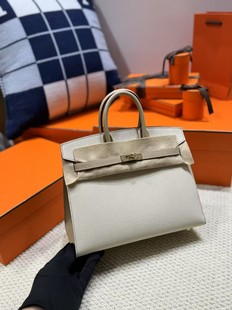 铂金25奶昔白拼风衣灰外缝金扣手提包女士包晚宴包