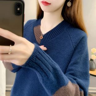 女长袖 2026秋季 V领毛衣女拼色套头宽松针织衫 韩版 上衣内搭潮 新款
