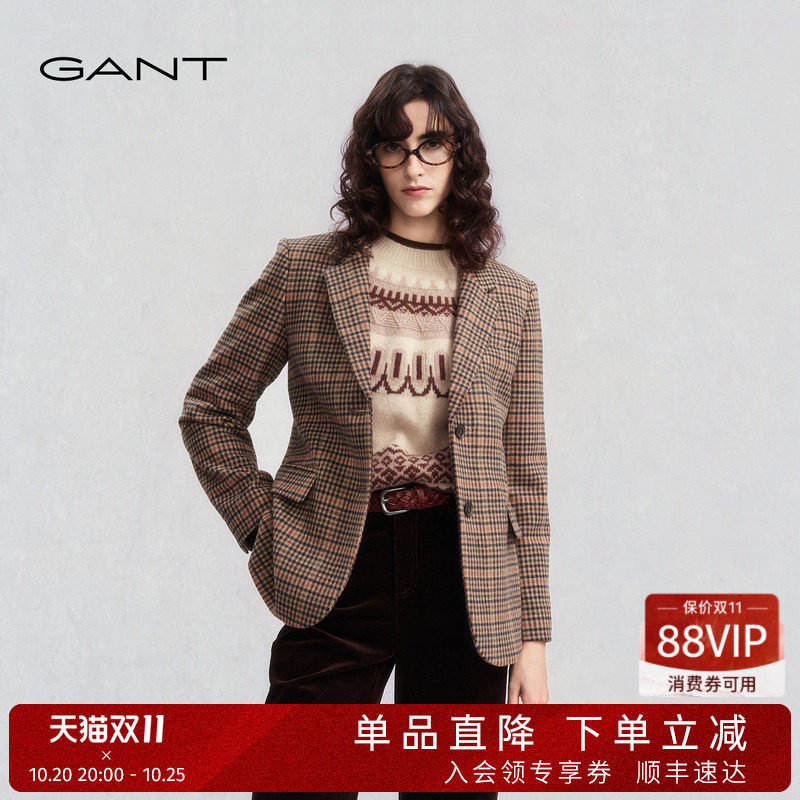 GANT/甘特春秋新款女士纯绵羊毛呢通勤外套复古格子老钱风单西服