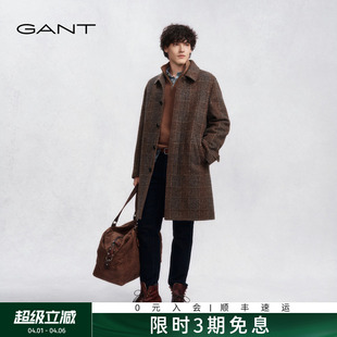 GANT 新款 男士 外套复古格纹翻领休闲老钱风羊毛呢大衣 甘特秋冬季