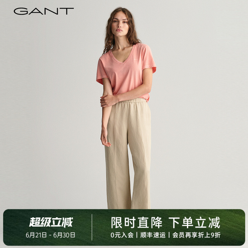 GANT甘特春季新款女士长裤裤子时尚百搭松紧腰宽松舒适阔腿休闲裤