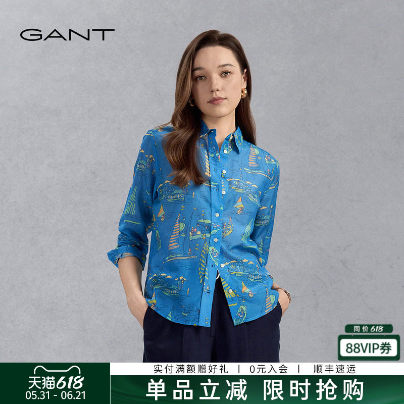 GANT/甘特女士棉丝混纺轻薄衬衣度假风法式复古印花气质长袖衬衫