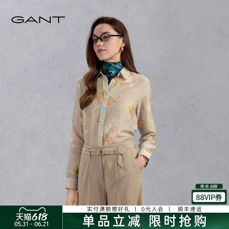 GANT/甘特夏季女士棉丝轻薄衬衣法式复古花卉满印花休闲长袖衬衫