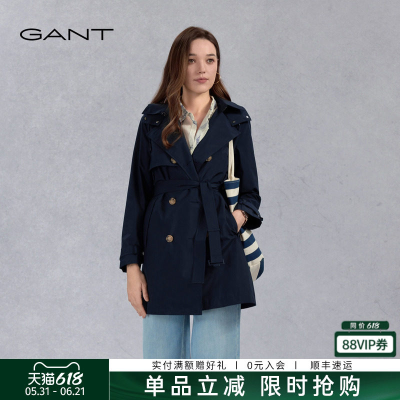 GANT/甘特新款女士复古双排扣系带中长款风衣可拆卸连帽气质外套