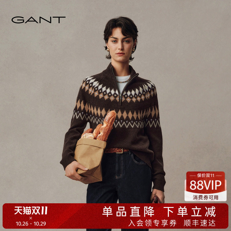 【暖核系列】GANT/甘特26秋冬女士100%羊毛衣半拉链费尔岛针织衫