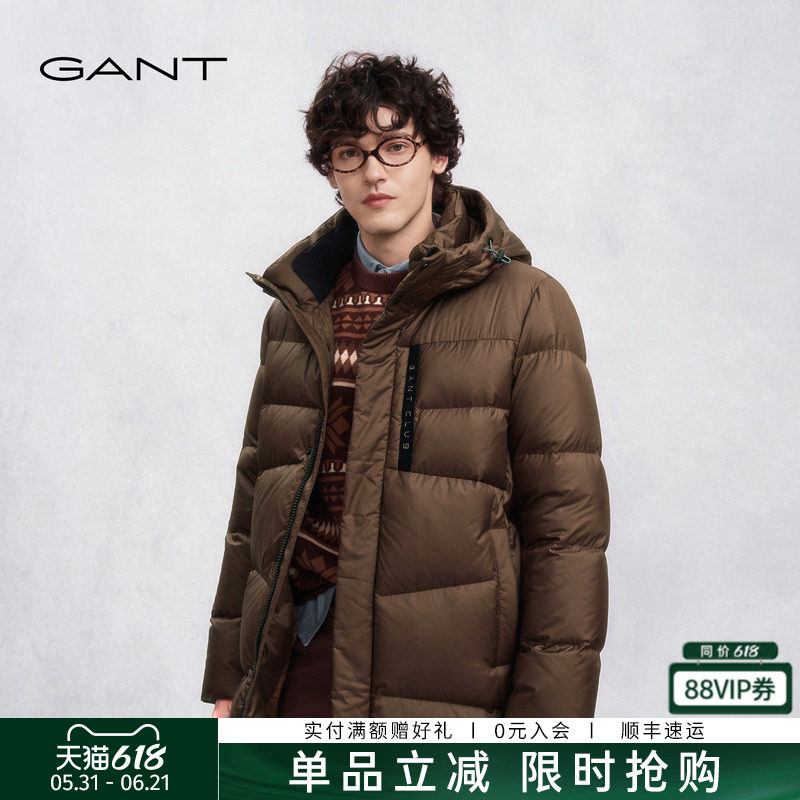 GANT/甘特冬季男士外套纯色简约抽绳连帽休闲中长款白鸭绒羽绒服