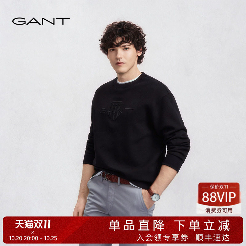 GANT/甘特秋冬新款男士圆领美式休闲套头上衣重磅刺绣学院风卫衣
