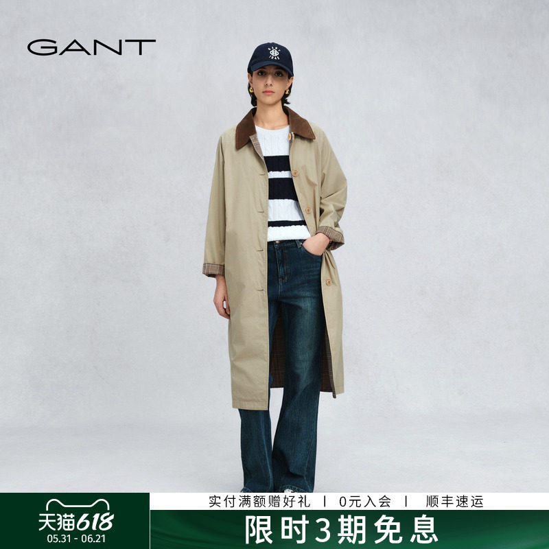 【巴恩风】GANT/甘特26春女士中长款翻领单排扣休闲复古风衣外套