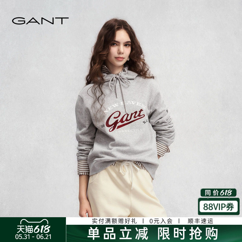 GANT/甘特秋冬新款女装复古学院风字母刺绣美式休闲运动连帽卫衣