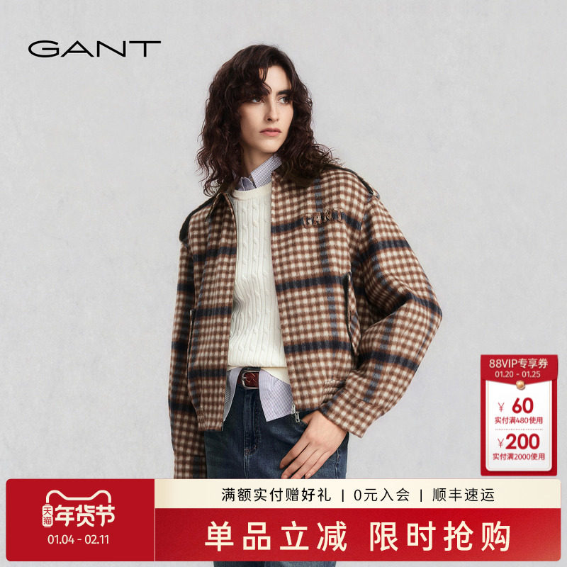 GANT/甘特2025秋冬季新款女士毛呢大衣羊毛混纺复古格纹短款外套,女装/女士精品,毛呢外套,淘宝优惠券,粉丝福利购,淘宝优惠卷