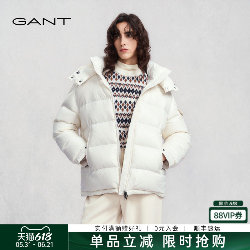 GANT/甘特冬季新款女士轻暖面包服短款连帽白鸭绒亮面羽绒服外套