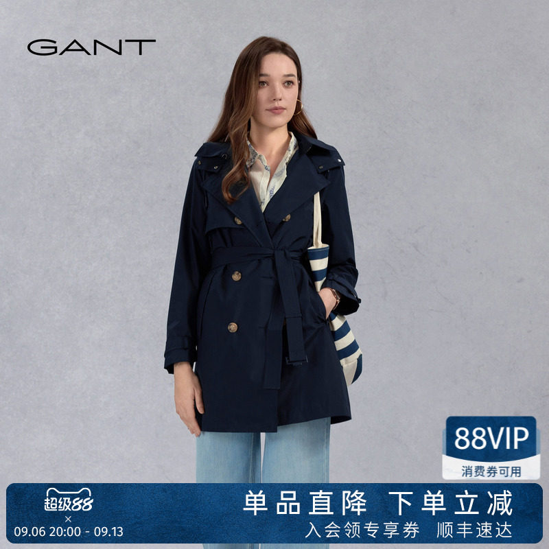 GANT/甘特新款女士复古双排扣系带中长款风衣可拆卸连帽气质外套