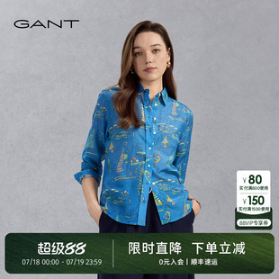 GANT 復(fù)古印花氣質(zhì)長袖 襯衫 甘特女士棉絲混紡輕薄襯衣度假風法式
