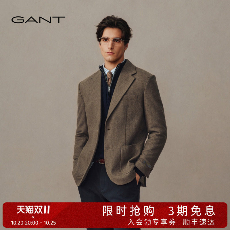 GANT/甘特26秋冬男士外套美式休闲老钱风人字纹平驳领复古单西服