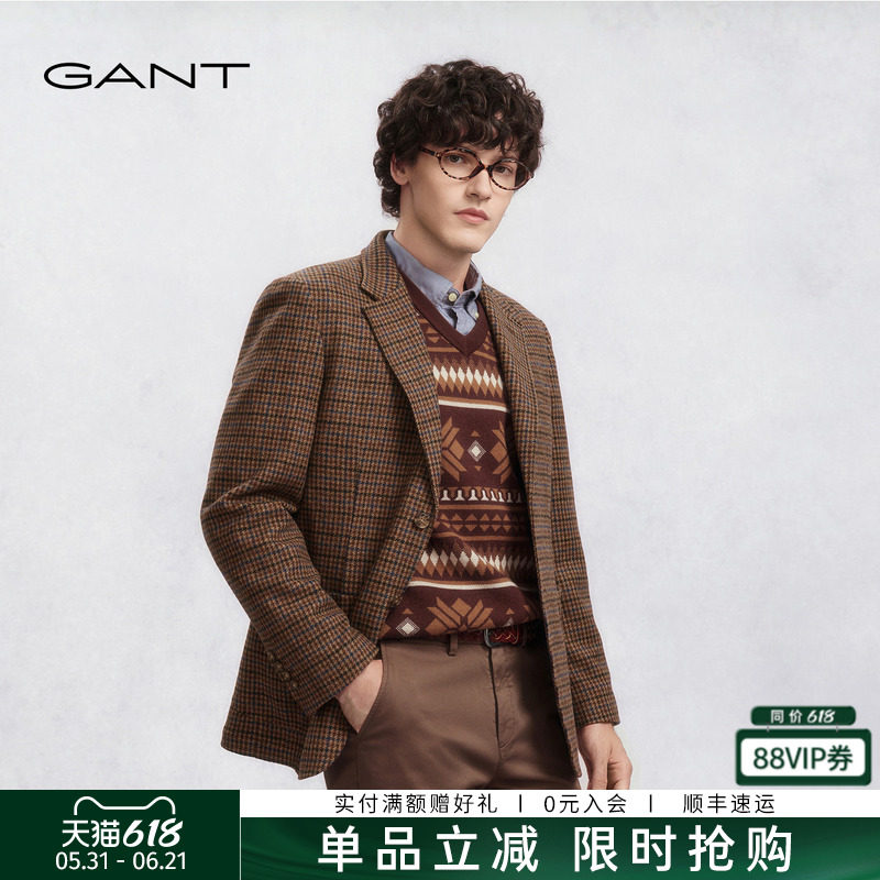 【100%绵羊毛】GANT/甘特秋冬季新款男士复古格纹休闲单西服外套
