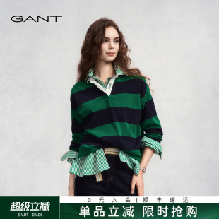 GANT 新款 女士纯棉横条纹翻领长袖 T恤宽松休闲百搭上衣 甘特秋冬季